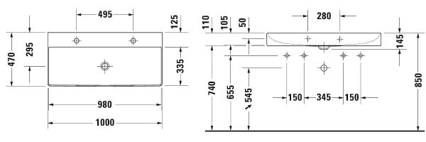 Duravit DuraSquare – Doppelwaschbecken 1000×470 Mm, Mit 2 Hahnlöcher, DuraCeram, Mit WonderGliss, Alpinweiß 23531000431 3