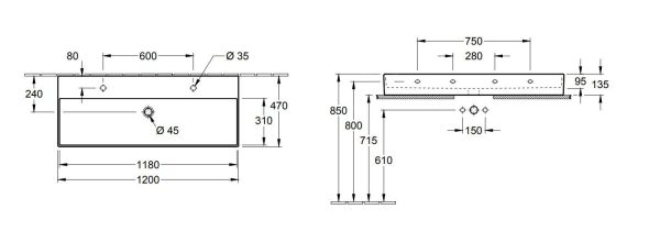 Villeroy & Boch Memento 2.0 – Schrank-Doppelwaschbecken 1200×470 Mm, Ohne Überlauf, 2 Hahnlöchern, CeramicPlus, Alpinweiß 4A22CG01 3