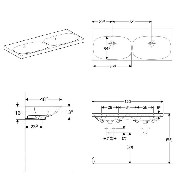 Geberit Acanto – Doppelwaschtisch 1200×482 Mm, Ohne Hahnloch, Mit Überlauf, Weiß 500.628.01.2 3