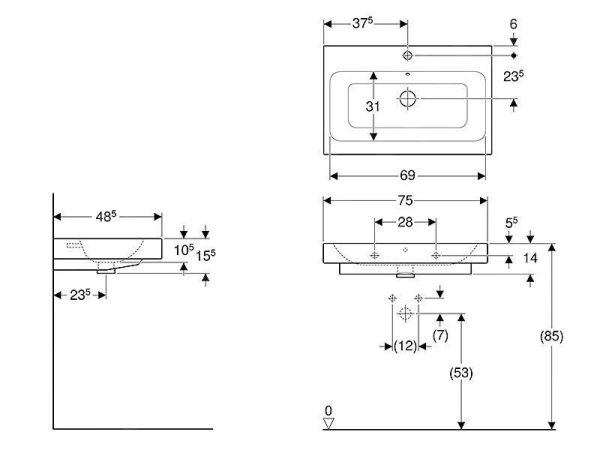Geberit ICon – Waschtisch 750×485 Mm, Mit Hahnloch Und Überlauf, Mit KeraTect, Weiß 124575600 3