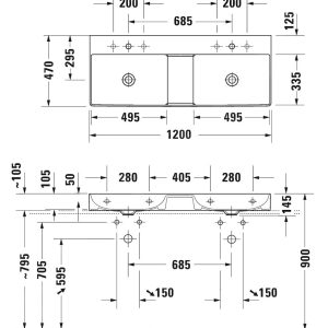 Duravit DuraSquare – Möbel-Doppelwaschtisch 1200×470 Mm, Mit 2 Hahnlöcher, DuraCeram, Mit WonderGliss, Alpinweiß 23531200711 9