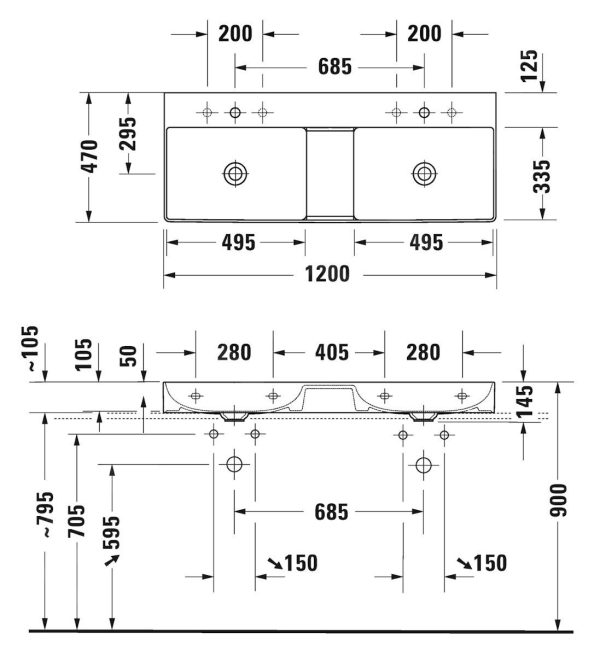 Duravit DuraSquare – Möbel-Doppelwaschtisch 1200×470 Mm, Mit 2 Hahnlöcher, DuraCeram, Mit WonderGliss, Alpinweiß 23531200711 3
