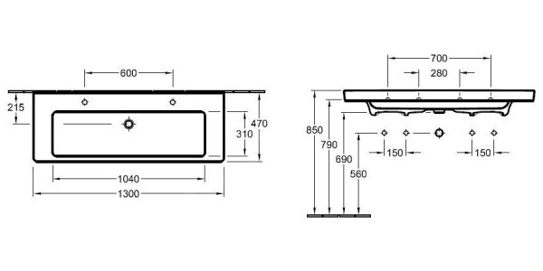 Villeroy & Boch Subway 2.0 – Möbelwaschtisch 1300×470 Mm, Mit Überlauf, Mit Hahnlöchern Für 2 Amaturen, Ceramicplus, Weiß 7176D2R1 3