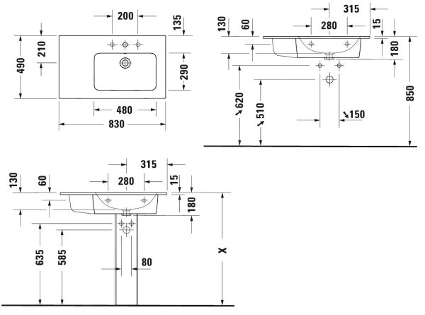 Duravit ME By Starck – Möbelwastisch Asymetrisch 830×490 Mm, 1 Hahnloch Rechts, WonderGliss, Weiß Matt 23468332001 3