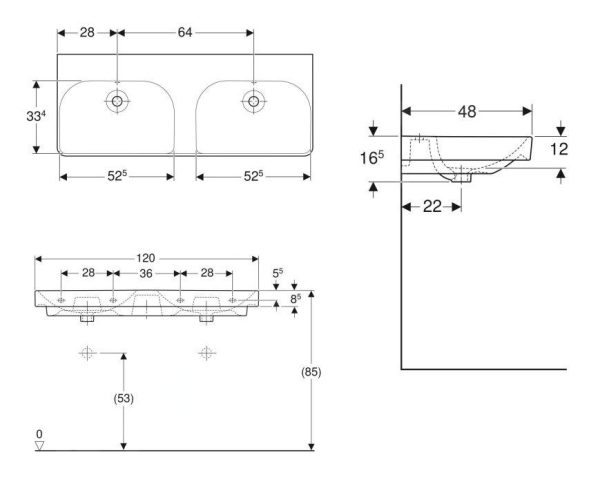 Geberit Smyle Square – Doppelwaschtisch 1200×480 Mm, Mit Überlauf, Ohne Hahnloch, Weiß 500.224.01.1 3