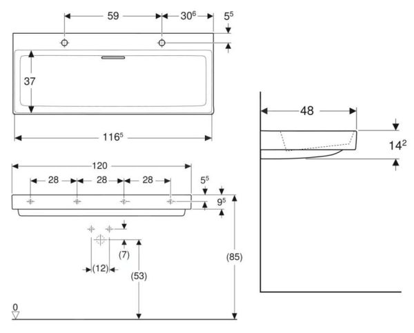 Geberit ONE – Möbeldoppelwaschtisch 1200x480x142 Mm, Verdeckter Überlauf, 2 Hahnlöcher, Waagerechter Abgang, KeraTect, Weiß 505.049.00.1 3