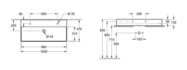 Villeroy & Boch Memento 2.0 – Schrank-Doppelwaschbecken 1000×470 Mm, Ohne Überlauf, 2 Hahnlöchern, Alpinweiß 4A221K01 3