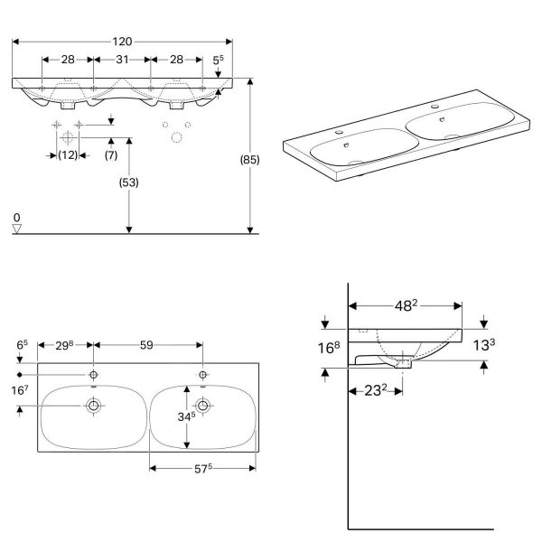 Geberit Acanto – Doppelwaschtisch 1200×482 Mm, Mit 2 Hahnlöcher, Mit Überlauf, Weiß 500.627.01.2 3