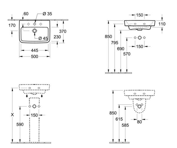 Villeroy & Boch O.novo – Handwaschbecken 500×370 Mm, Mit Überlauf, 1 Hahnloch, Alpinweiß 43445001 3